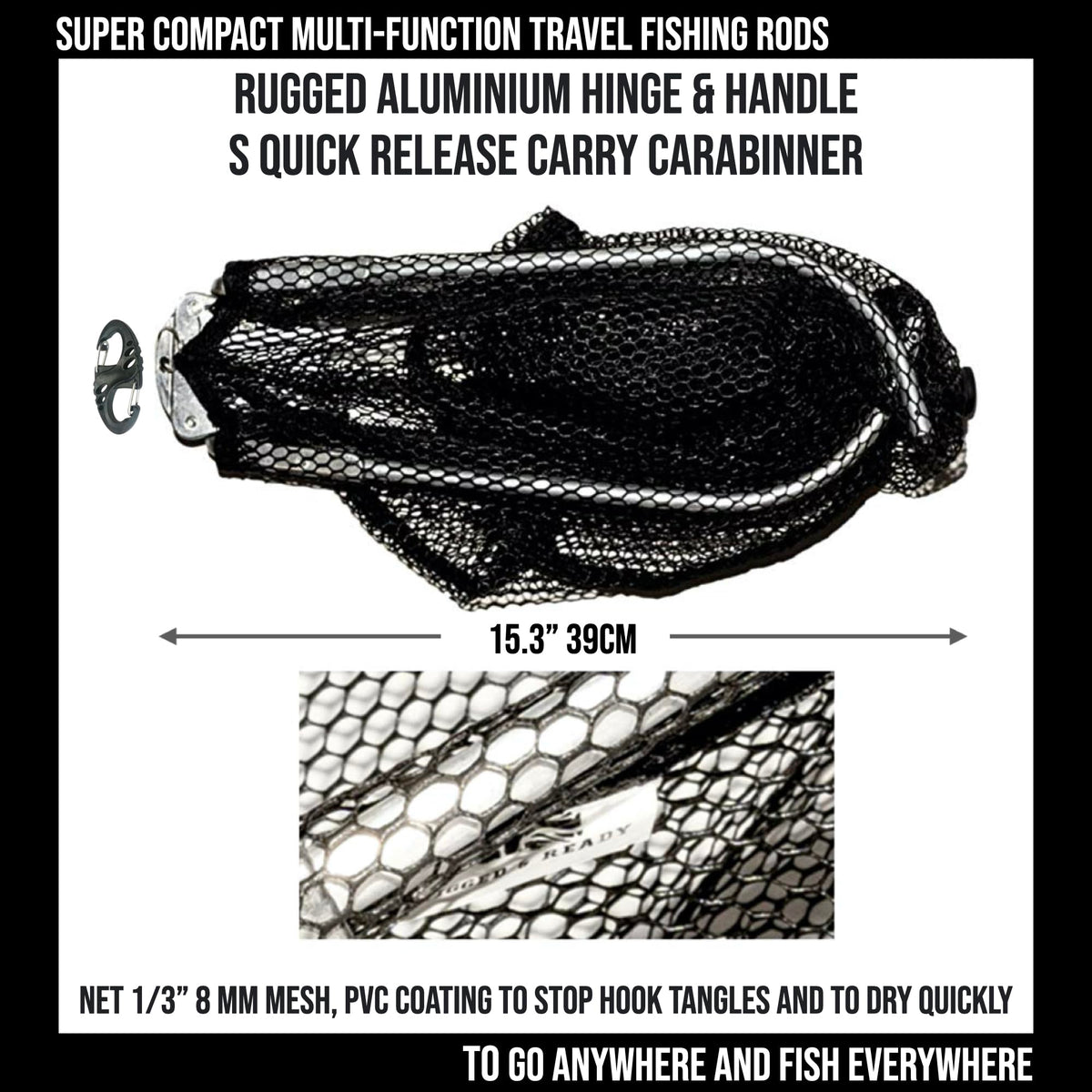 Travel Fishing Landing Net. Super Compact, Folding, Rugged Travel Fish Net. Extra Deep Coated, Low Smell Net + S Carry Hook. Freshwater and Saltwater Angling.