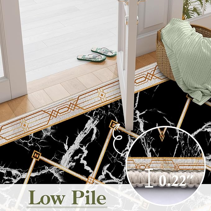 Abstract Marble Texture Throw Carpet Runner for Entrance, 2.6x7ft, Luxury Gold Geometric Line Bedroom Rug, Dirty Resistant Absorbent Bathroom Decor Washable Area Carpet for Office