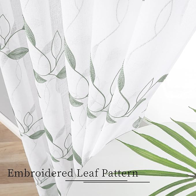 Tollpiz Sage Green Leaf Sheer Curtain Leaves Embroidered Bedroom Curtains Rod Pocket Voile Window Treatments for Living Room, 38 x 63 inches Long, Set of 2 Panels