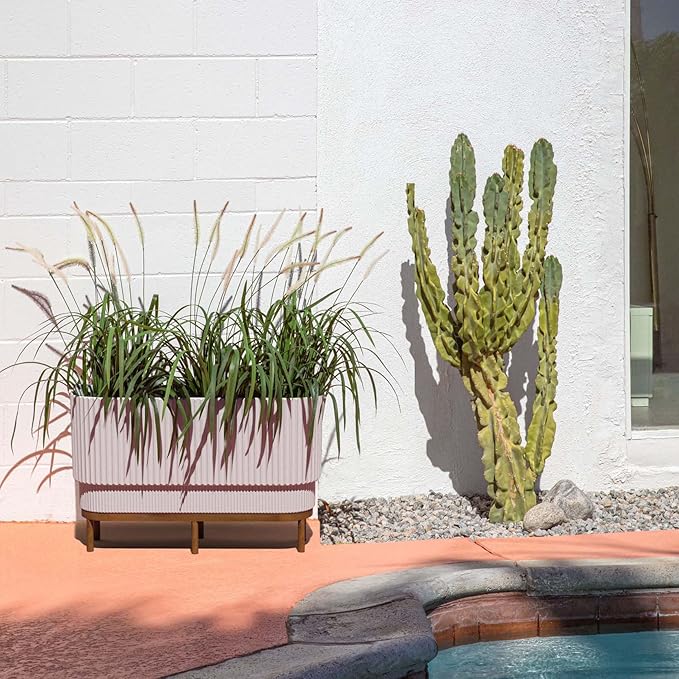 Veradek Demi Series Raised Long Planter for Indoor/Outdoor Use | Made from Plastic & Stone w/Wooden Stand | Modern Patio Décor for Flowers/Shrubs