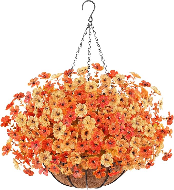Artificial Fall Flowers Hanging Plants in Basket, Artificial Hanging Flowers for Autumn Outdoor Indoor Decor, UV Resistant Hanging Baskets with Fake Flowers for Fall Patio Garden Porch Deck Decoration
