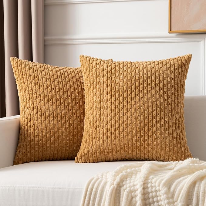 Kevin Textile Throw Pillow Covers Soft Corduroy Decorative Set of 2 Boho Striped Pillow Covers Pillowcases Farmhouse Home Decor for Couch Bed Sofa Living Room 22x22 Inch Gold