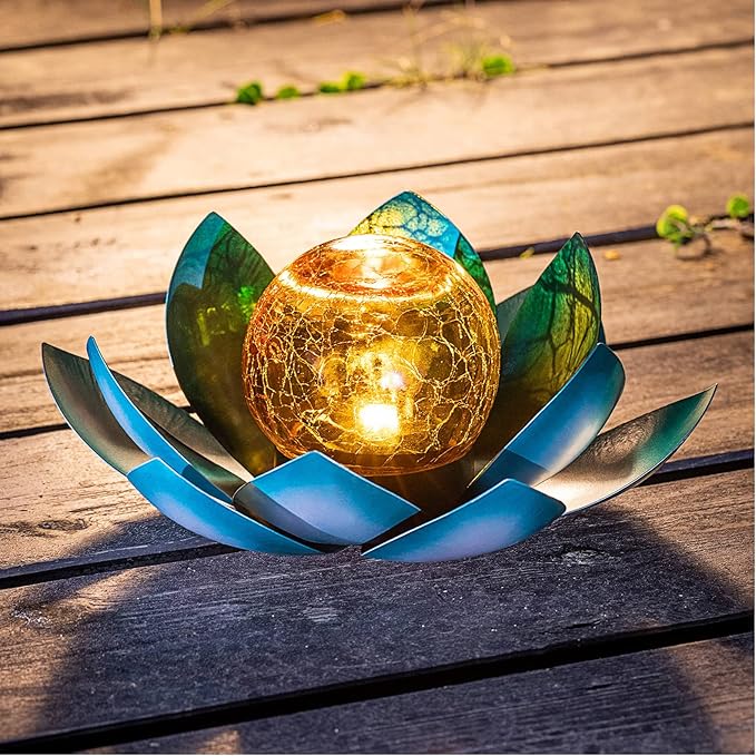 Huaxu Solar Light Outdoor Garden Decor Blue Metal Crackle Globe Glass Waterproof LED Lotus Flower Table Lamp Decorations for Patio Yard Porch Pathway Ground