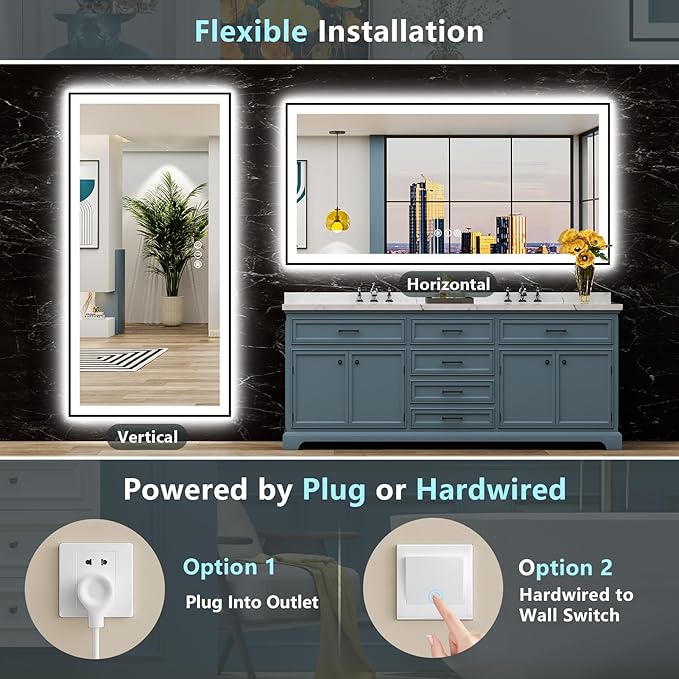 84x40 Black Framed LED Bathroom Mirror with Lights, Backlit and Front Lit, Anti-Fog Lighted Vanity Mirrors for Bathroom Wall, Dimmable, 3-Color Light, Memory, Shatter-Proof, HD Tempered Glass