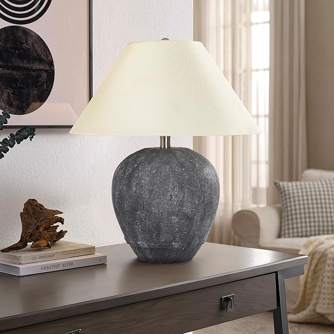 Pia Ricco 21'' Large Gray Base Ceramic Basin Table Lamp for Bedroom, Living Room, Dining Room, Office, White Shade