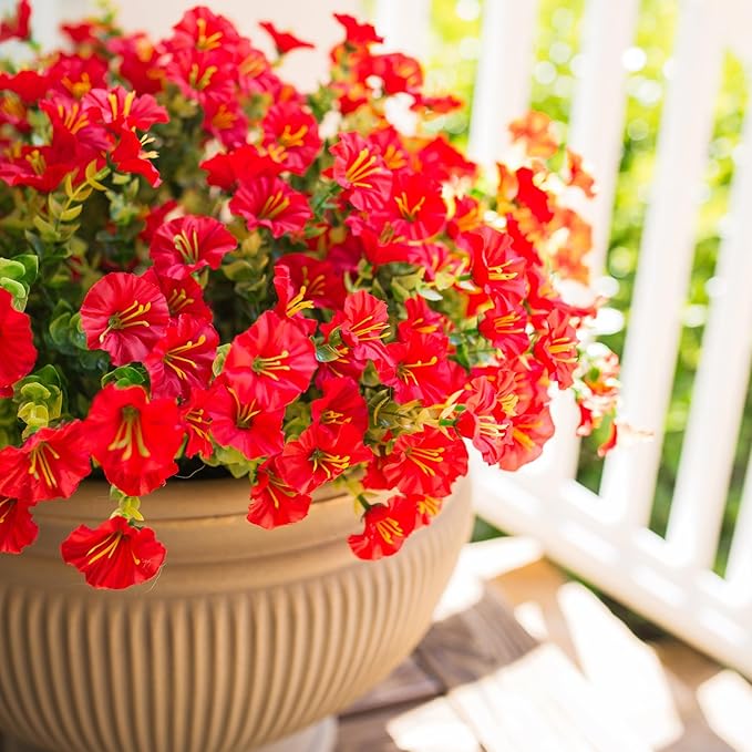 HyeFlora Artificial Flowers for Outdoors Fake Plants Outside Decoration, 12 Bundles Silk Red Morning Glory UV Resistant Look Real Faux Flowers for Planter Front Door Porch Patio Yard Gardens Balcony