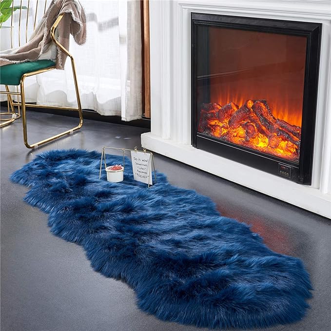 EasyJoy Ultra Soft Fluffy Shaggy Area Rug Faux Fur Rug Chair Cover Seat Pad Fuzzy Area Rug for Bedroom Floor Sofa Living Room (2 x 6 ft Sheepskin, Dark Blue)