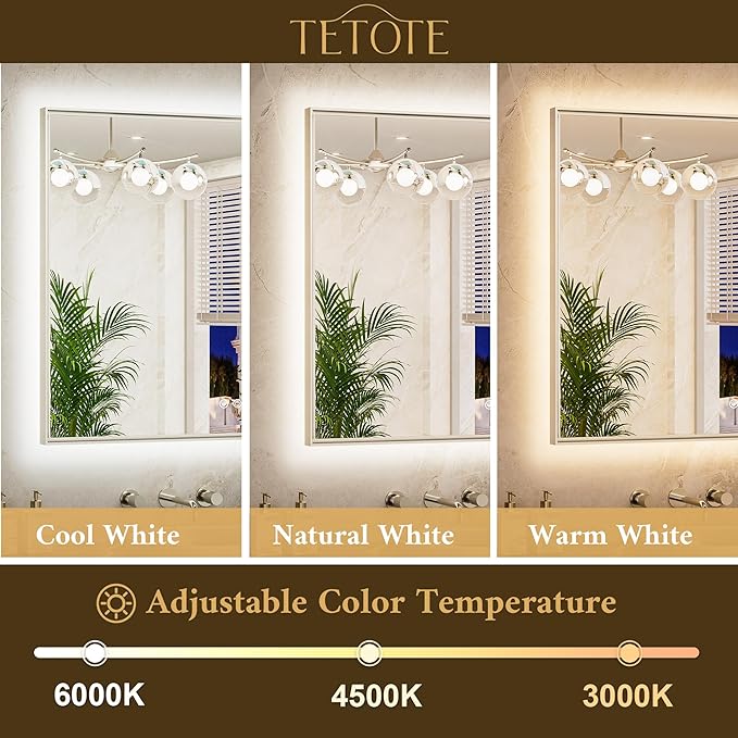 TETOTE 72 x 36 Backlit Bathroom Mirror Brushed Nickel Metal Frame LED Light Vanity 3-Color White/Warm/Natural Stepless Dimmable Anti-Fog Backlight Mirror Wall-Mounted