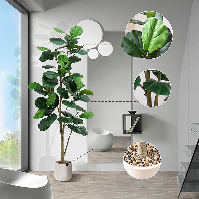 Artificial Fiddle Leaf Fig Tree, 7FT Tall Faux Ficus Lyrata Fake Tree in White Pot, Artificial Tree Indoor Decor, Fiddle Leaf Fig Tree Fake Plant for Home Office Living Room Decoration Modern