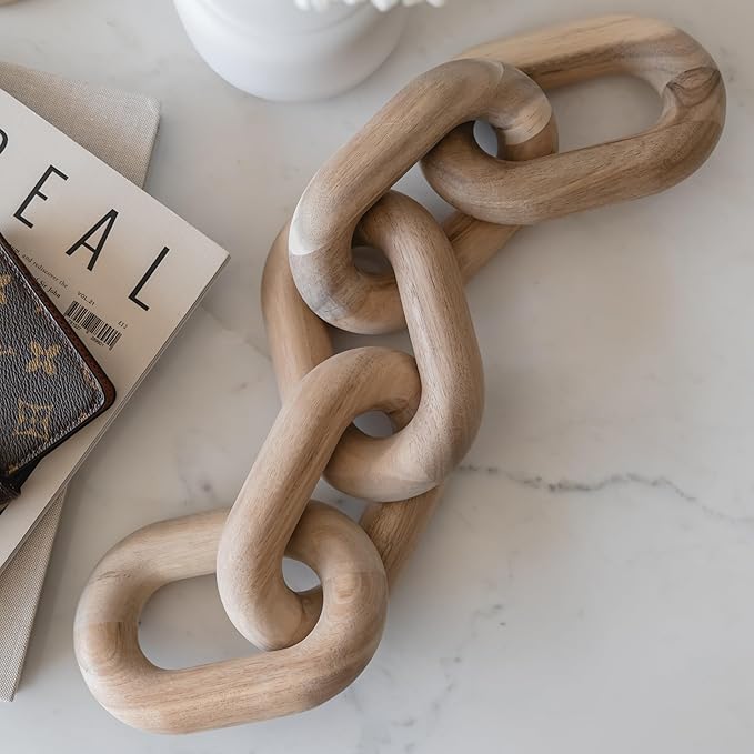 Book Shelf Decor Items - Acacia Wood Chain Link Decor, Coffee Table Accessories, Bookshelf Decors, Sculpture for Shelves, Wooden Decorative Objects, Link Ornament, Living Room Accents