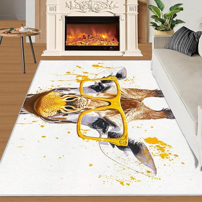 Giraffe 4x5 Area Rugs for Living Room, Funny Animals Washable Non Slip Rugs, Pop Art Low Pile Print Rug for Bedroom, Dining Room, Home Office