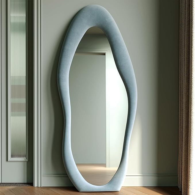 Honyee Full Length Mirror, 63" x 24" Wall Mirror, Flannel Wrapped Wooden Frame Full Body Mirror, Irregular Wavy Mirror Hanging or Leaning Against Wall for Cloakroom/Bedroom/Living Room, Blue
