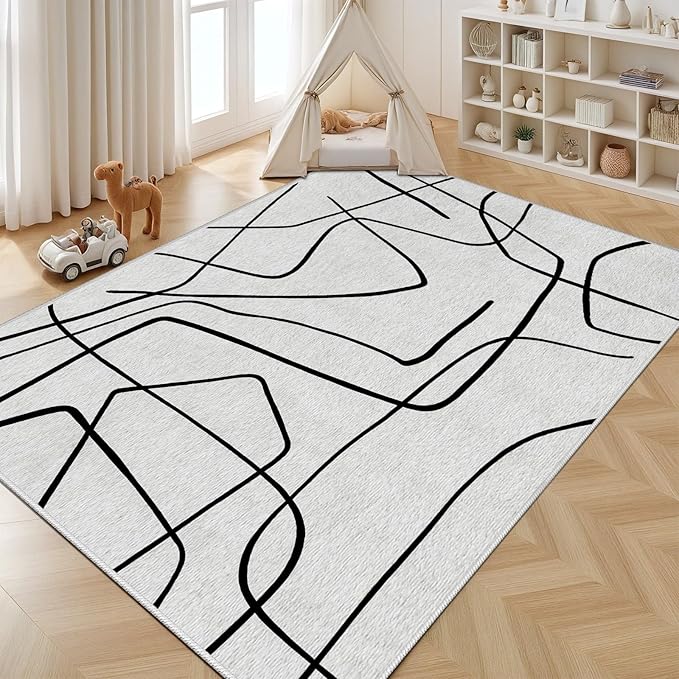 Black and White Rug - Abstract Area Rug, Black and White Rugs for Living Room, Modern Minimalist Washable Rugs, Contemporary Carpet Non Slip Home Decor, Curve 6x9