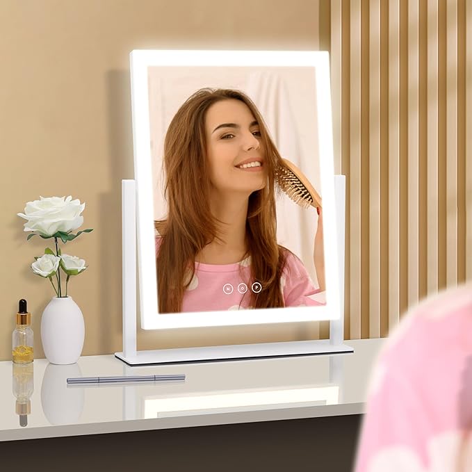 Lighted Vanity Mirror with Lights, Makeup Mirror with Light, 16.7"x 13.2",Three Color Lighting Modes and Dimmable Lighting, Smart Touch Control, 360°Rotation, for Vanity Desk Tabletop,Dressing Room