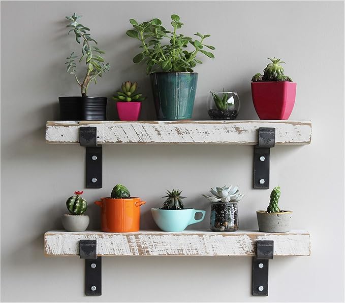 Urban Legacy Accent Shelves | Reclaimed Barn Plank | Set of 2 with Full Brackets (White Wash 24"x 4.5"x 2")