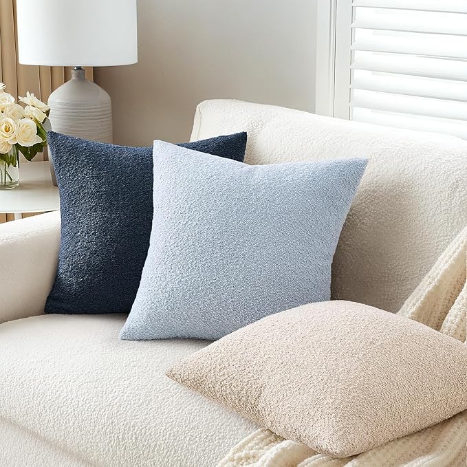 ANRODUO Pack of 2 Textured Boucle Throw Pillow Covers Soft Light Blue Decorative Accent Solid Pillow Cases Cozy Modern Couch Cushion Case for Chair Sofa Bedroom Living Room Home Decor, 20 x 20 Inch