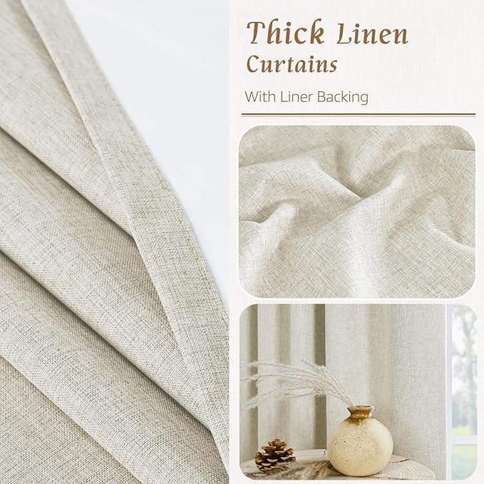LAMIT 100% Black Out Linen Curtains, 84 Inch Linen Textured Living Room Farmhouse Curtains Room Darkening Back Tab and Rod Pocket Burlap Neutral Panels with White Liner, 2 Panels, 52 x 84 Inch, Stone