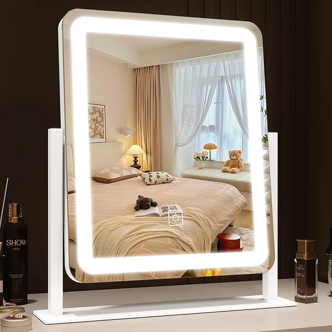 ROLOVE Lighted Makeup Mirror, Vanity Mirror with Lights for Desk Tabletop, Smart Touch with 3-Color Lighting,Dimmable, 360° Rotation, White, 13"x15"