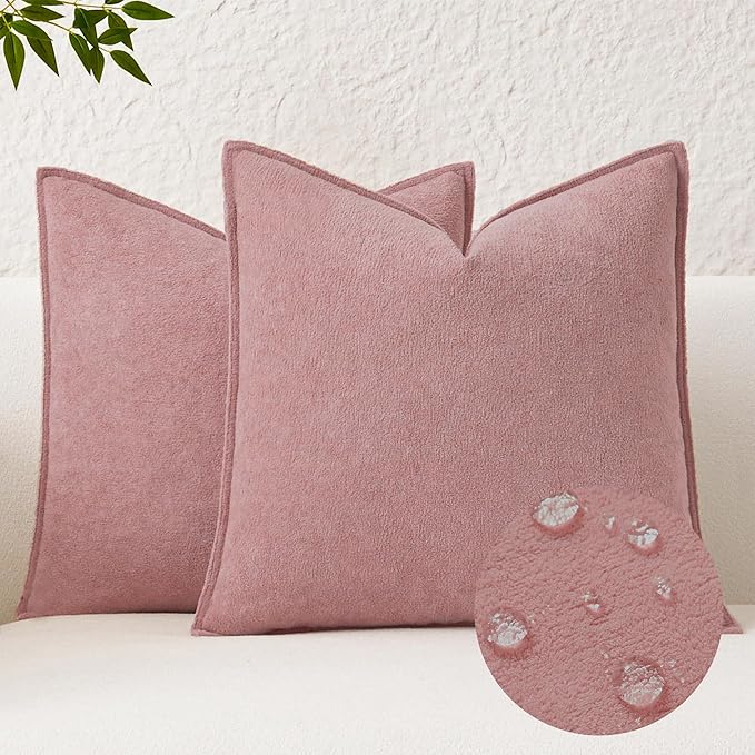 Kevin Textile Valentines Day Decorative Pillow Covers Plush Pink 24x24 Inch Pack of 2 Waterproof Soft Boucle Textured Euro Pillowcases Elegant Accent Pillows for Couch Sofa Chair Bed Home