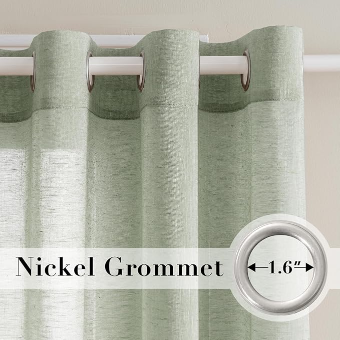 H.VERSAILTEX Linen Curtains Natural Linen Blended Curtain Panels for Living Room/Light Reducing Linen Semi Sheer Curtains 72 inch Length 2 Panels Set Nickel Grommet Window Panels, Sage