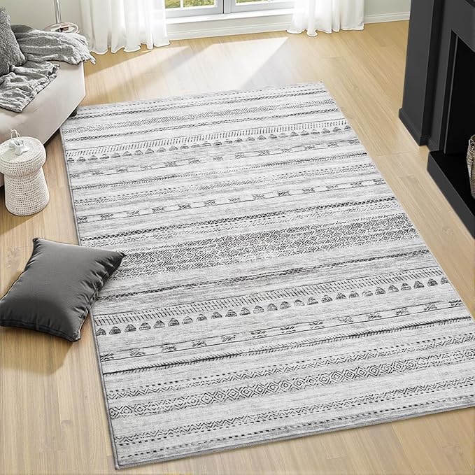 3x5 Area Rug Machine Washable Non Slip Rug Distressed Neutral Moroccan Boho Rug Ultra Soft Indoor Rugs for Bedroom Living Room Entryway Kitchen Foyer Bedside, Black