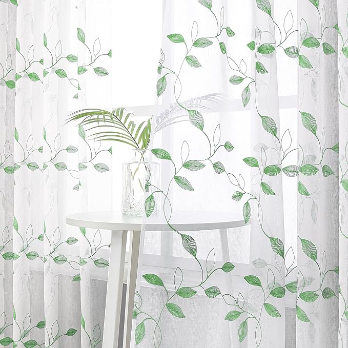 Tollpiz Green Leaf Sheer Curtain Leaves Embroidered Bedroom Short Curtains Rod Pocket Voile Window Treatments for Living Room, 38 x 45 inches Long, Set of 2 Panels