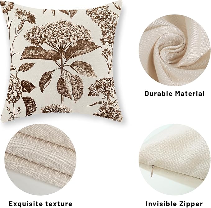 Brown Pillow Covers 18x18 Set of 2 Vintage Boho Floral Hydrangea Herbs Botanical Throw Pillow Cover Outdoor Flower Decorative Pillowcase Linen Farmhouse Cushion Case Decor for Couch Sofa