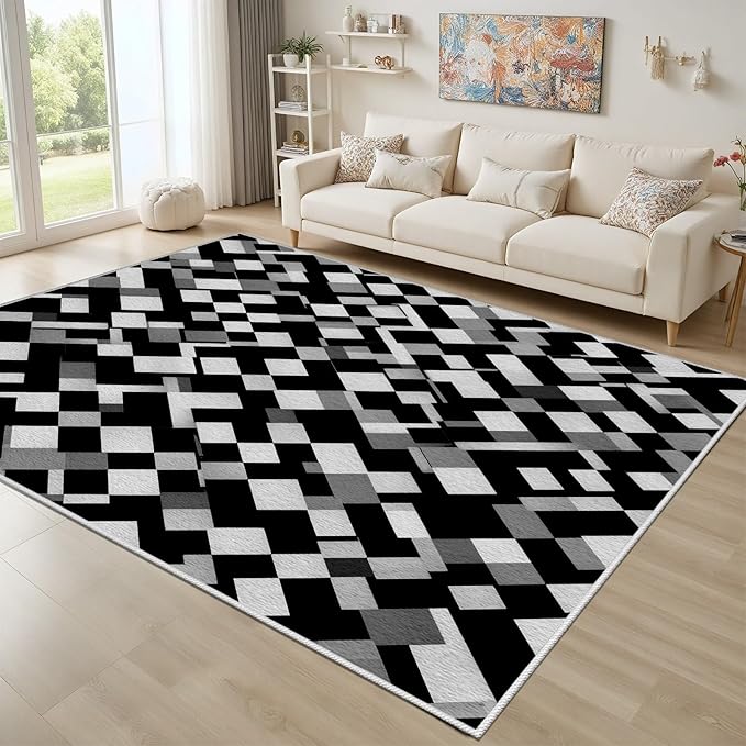 Black White and Grey Rug - Geometric Area Rug, Area Rugs 6x8, Modern Abstract Rugs, Irregular Block Splicing Carpet Washable Non Slip Home Decor Carpet for Living Room