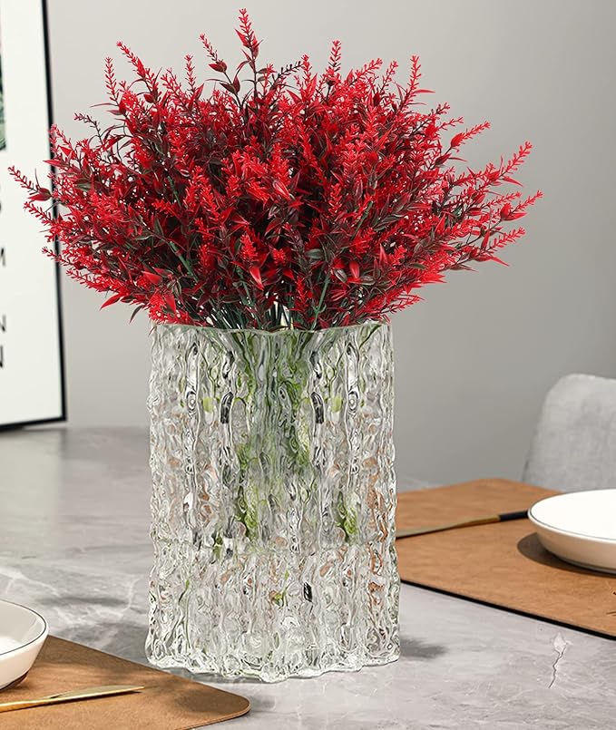 Artificial Outdoor Plants UV Resistant Artificial Greenery Lavender 20 Bundles UV Resistant Hanging Planter Flora Fence Indoor Outside Decor Wedding Table Flowers Arrangement Bouquet Filler(Red)