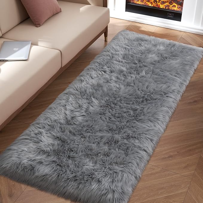Grey Fluffy Rug for Bedroom, 2'X6' Faux Fur Rug for Runner, Gray Soft Shag Rug for Sofa Couch Cushion, Cozy Shaggy Fuzzy Plush Floor Carpet for Nursery, Cute Bedside Dorm Home Decor Rectangle