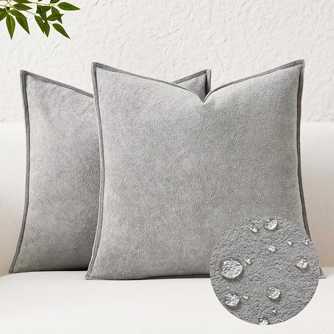 Kevin Textile Waterproof Decorative Pillow Covers Light Grey 24x24 Inch Pack of 2 Soft Boucle Textured Euro Pillowcases Elegant Accent Pillows for Couch Sofa Chair Bed Home Decor Indoor Outdoor