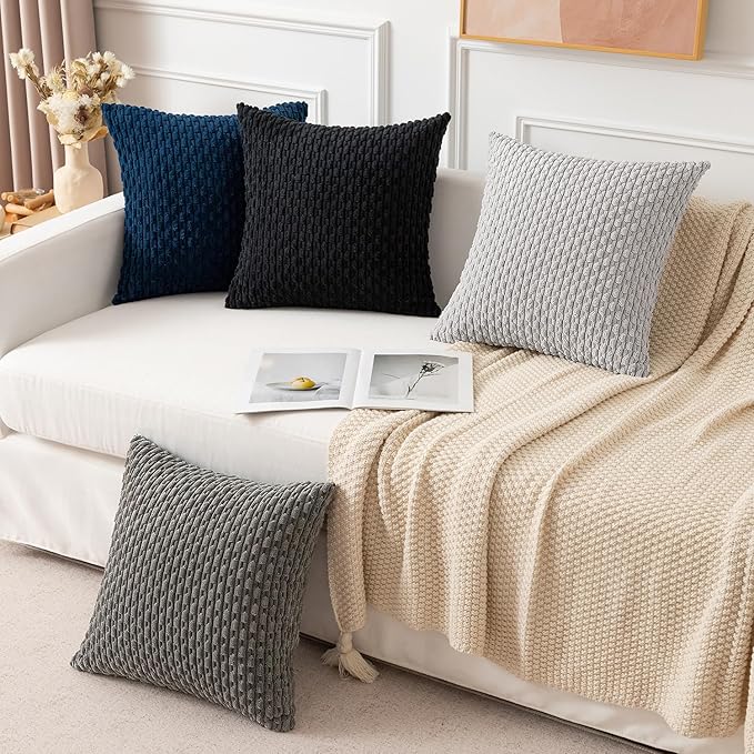 Kevin Textile Super Soft Plush Corduroy Solid Textured Large Boho Throw Euro Pillow Sham Cushion Cover for Couch Floor 2 Pcs 24 x 24 Inch (60cm) Light Grey