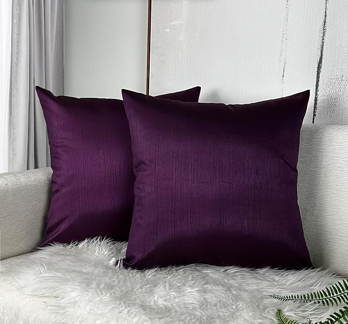 Aiking Home 20x20 Inches Faux Silk Square Throw Pillow Cover, Zipper Closure, Eggplant (Set of 2)