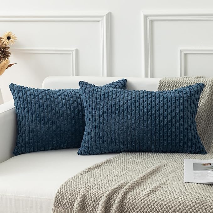 Kevin Textile Pack of 2 Corduroy Decorative Throw Pillow Covers 12x20 Inch Soft Boho Striped Pillow Covers Modern Farmhouse Home Decor for Autumn Sofa Living Room Couch Bed Blue