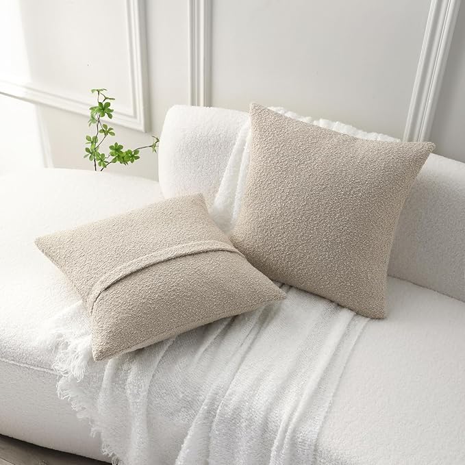 FUTEI Pack of 2 Beige Decorative Throw Pillow Covers 18x18 Inch Soft Cozy Solid Boucle Textured Cushion Case,Modern Home Decor for Couch Bed Living Room