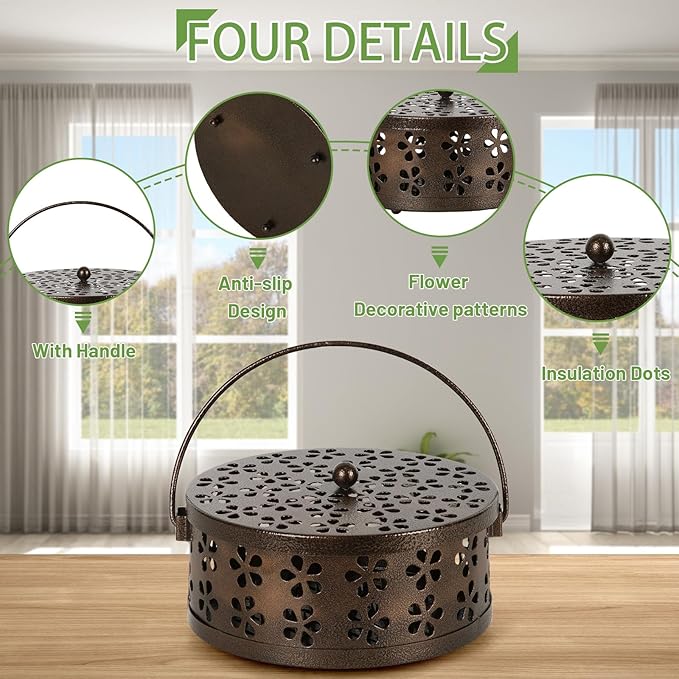 Portable Iron Mosquito Coil Holder with Handle Round Heat-Resistant Incense Holder (Bronze)