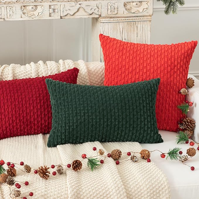 Kevin Textile Christmas Decorative Pillow Covers Set of 2 Striped Plush Corduroy Rectangle Lumbars Boho Home Decor Cushion Covers for Couch Sofa Bed Living Room 12x20 Inch, Army Green