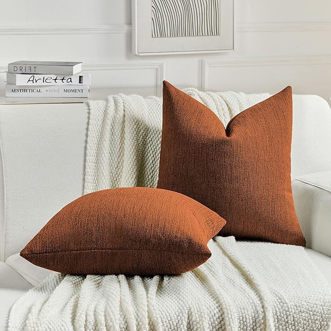 FUTEI Rust Chenille Decorative Throw Pillow Covers 12x20 Inch Set of 2,Soft Cozy Faux Linen Textured Lumbar Pillow Cases,Farmhouse Home Decor for Couch Living Room