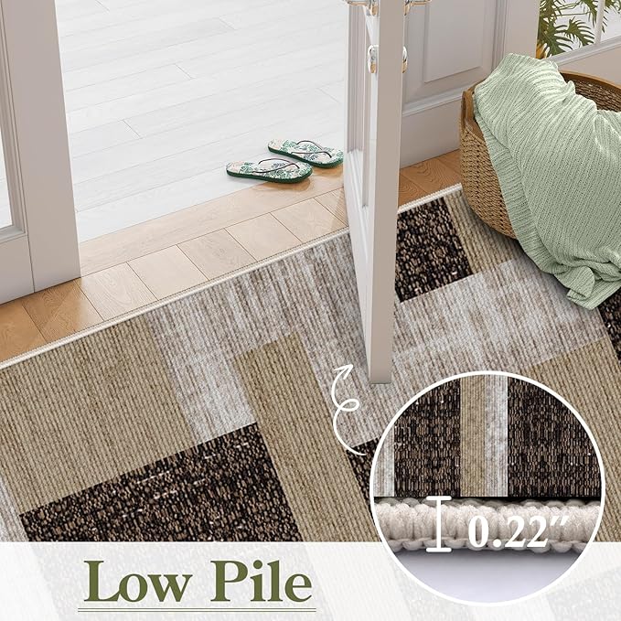 Modern Geometric Patchwork Long Hallway Rug Runners, 2x10ft, Neutral Brown Geometry Aesthetic Entrance Carpet, Absorbent Washable Foldable No Crease High Traffic Mat for Laundryroom