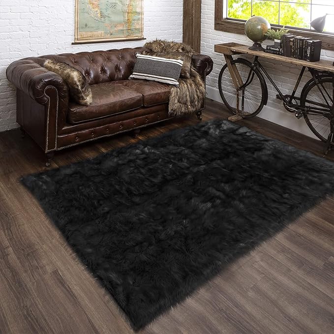 Latepis Rugs for Living Room Alfombras para Salas 5x8 Faux Sheepskin Black Fur Rug Fluffy Shag Plush Rugs for Bedroom Luxury Room Décor, Rectangle