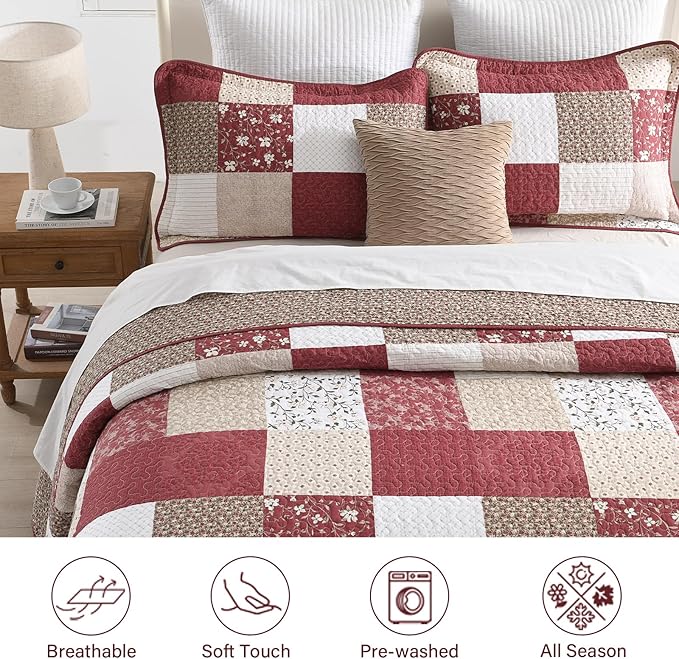 100% Cotton Oversized King Bedspread 128"x120" - Lightweight French Vintage Country Quilt - 3 Piece Super King Bedspreads Coverlet Set - Reversible Plaid Floral Bedding in Burgundy/Beige/Taupe/White