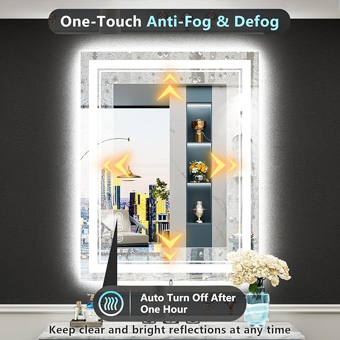 28x36 LED Bathroom Mirror with Lights, Backlit and Front Lit, Anti-Fog Lighted Vanity Mirrors for Bathroom Wall, Dimmable, 3-Color Light, Memory, Shatter-Proof, HD Tempered Glass, CRI＞90