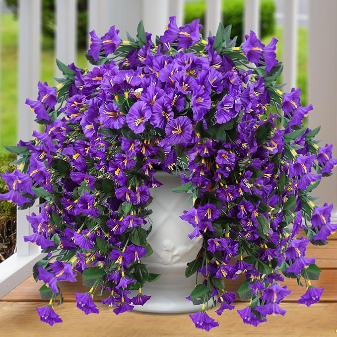 Sggvecsy Artificial Fake Hanging Flowers Plants for Outdoor Outside Spring Summer Decoration 2PCS Faux Silk UV Resistant Realistic Morning Glory Trailing Vines for Home Porch Patio Balcony(Purple)