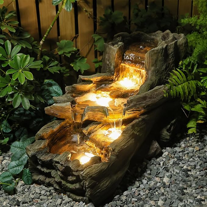 34.25" L Outdoor Water Fountain with 3 Tiers Large Cascading Realistic Tree Trunk Waterfall Fountains with LED Lights Outdoor Water Fountain for Garden Patio Backyard Porch Home Decor
