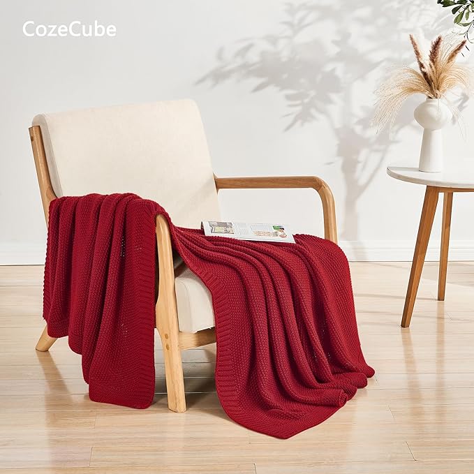 CozeCube Christmas Red Throw Blanket for Couch, Soft Cozy Cable Knit Throw for Bed Sofa Living Room, Lightweight Warm Decorative Farmhouse Christmas Blanket, 60"x80", Red