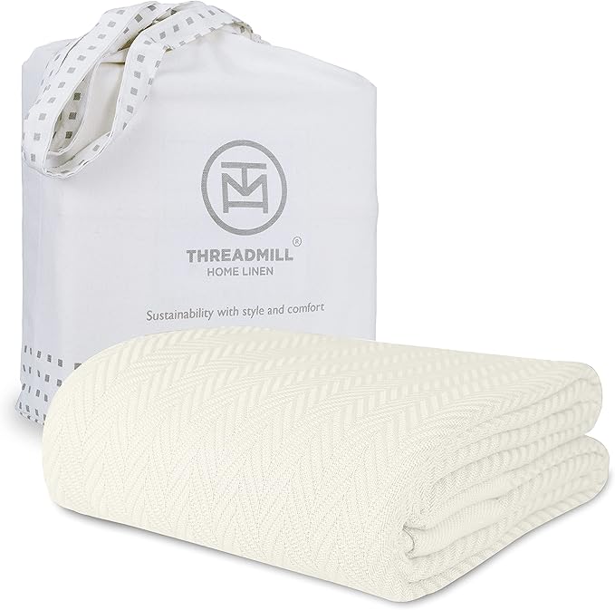 Threadmill Luxury Cotton Blankets for Twin Size Bed | All-Season 100% Cotton Twin Blanket for Bed | Herringbone Soft & Cozy Fall Thermal Blanket, 350GSM, 68x92 inches | Tusk White
