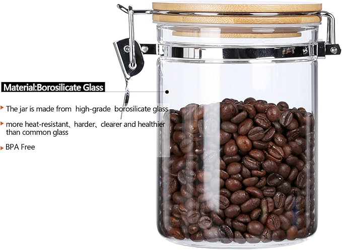KKC HOME ACCENTS Borosilicate Glass Sealed Jars with Airtight Lid, Airtight Glass Food Storage Container with Locking Clamp Bamboo Lid for Loose Tea,Sugar,Cocoa,Coffee Canister,27 fl oz