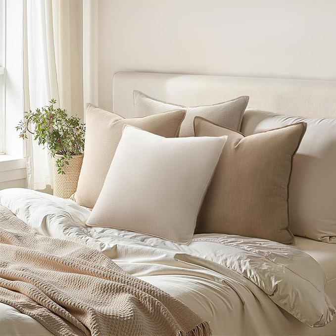 Pack of 4,Decorative Linen Soild Throw Pillow Covers Soft Accent Cushion Case Boho Farmhouse Neutral Pillowcase for Couch Sofa Bedroom Living Room Home Decor 12 x 20 Inch Brown