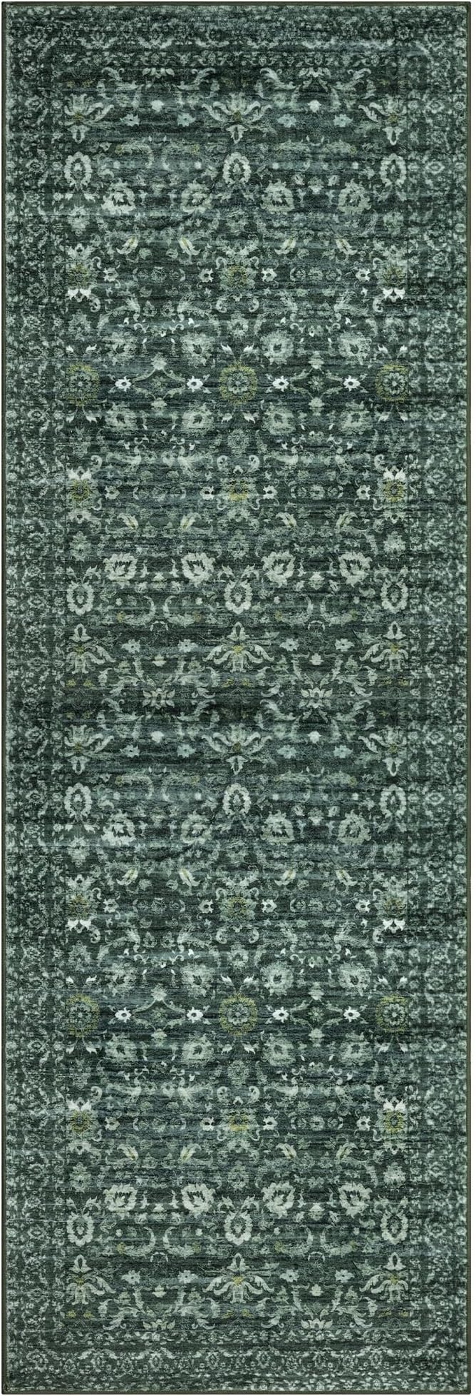 Vintage Floral 2.6x8 Runner Rug, Dark Green Washable Kitchen Runner Rug Non-Slip Hallway Rug Runner Boho Thin Printed Faux Wool Super Soft Carpet for Entryway Bedroom Laundry Room Indoor