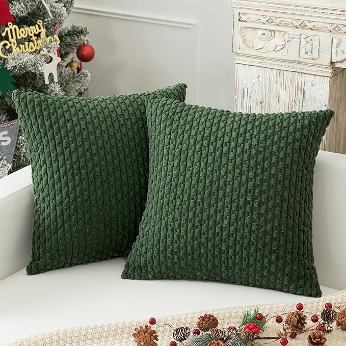 Kevin Textile Pack of 2 Corduroy Decorative Throw Pillow Covers 22x22 Inch Soft Boho Striped Pillow Covers Modern Farmhouse Home Decor for Spring Sofa Living Room Couch Bed Dark Green
